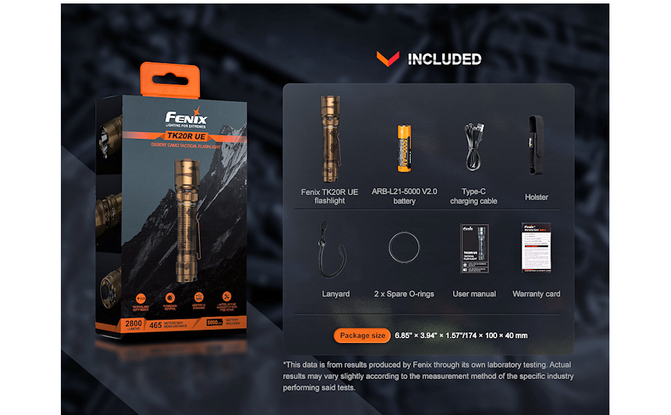 Pacchetto e contenuto della torcia tattica a lungo raggio ricaricabile Fenix TK20R UE